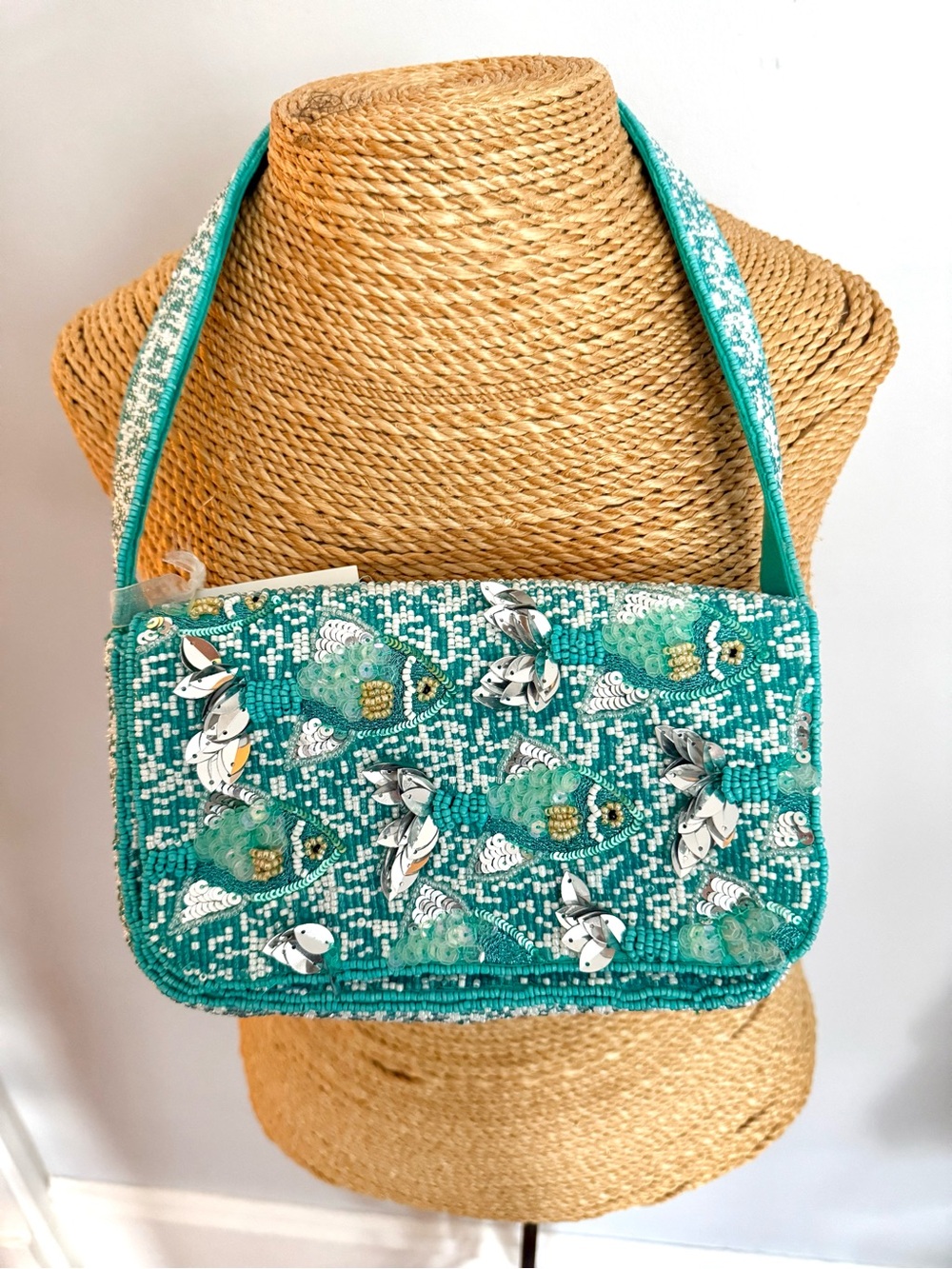 NWT T.J.Maxx Teal Beaded Bag with Fish Accent
